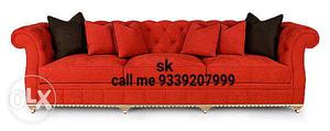 Tufted Red Fabric 3-seat Sofa