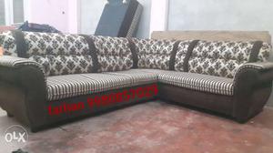 White And Brown Striped Fabric Corner Sofa