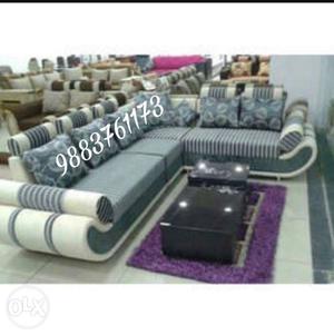 White And Gray Fabric Sectional Sofa Set
