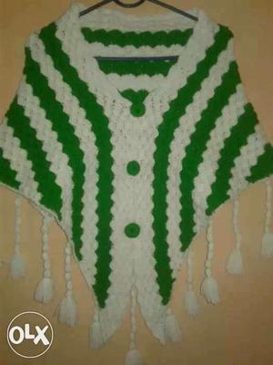 White And Green Knitted Poncho