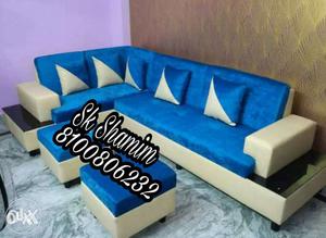 White Leather Framed Blue Velvet Sectional Sofa