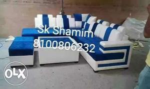 White-and-blue Sectional Couch And Ottoman Set