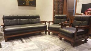 3 seater solid wood leather sofa plus 2 chairs