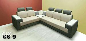 Beige And Gray Fabric Padded Corner Sofa