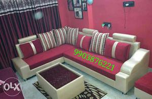 Beige And Red Fabric Sofa Set