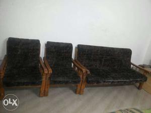 Black Fabric 3-piece Sofa Set With Brown Wooden Base