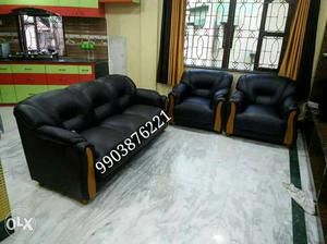 Brown Wooden Framed Black Leather 3-piece Sofa Set