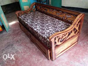 Brown Wooden Framed Padded Daybed