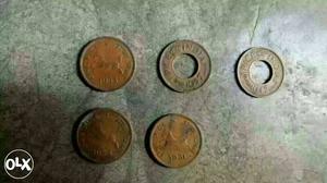  Five Bronze Round Indian Coins