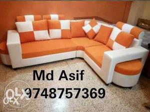 Orange And White Fabric Sectional Sofa