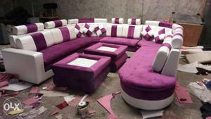 Purple And White Suede Sofa Set