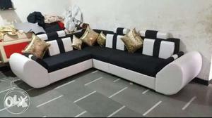 Red And White Fabric Corner Sofa With Ottoman Set Screenshot