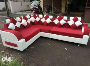 Red And White Fabric Sectional Couch
