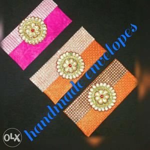 Three Orange And Pink Handmade Envelopes