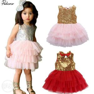Toddler Girl's Silver Sequined And Pink Ruffled Mini Dress