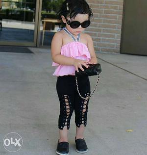 Toddler's Pink Halter Neck Top And Black Cage Accent Pants