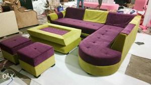 Tufted Green And Purple Fabric Sofa Set