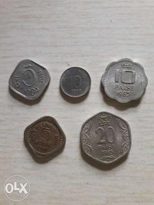 Two Pieces Of 10 And 5, One Piece Of 20 Indian Paise Coins
