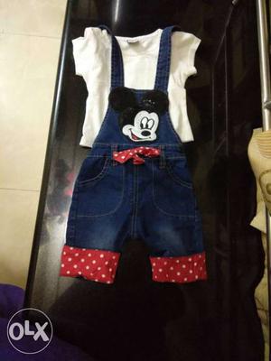 White T-shirt And Blue Minnie Mouse Overall Shorts