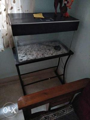 Fish tank with pebbles and the stand.