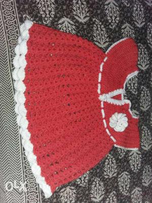 Girl's Knitted Red And White Cap-sleeved Dress
