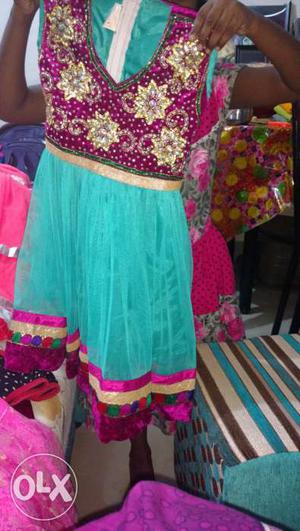 Girl's Pink And Green Floral Embroidered Traditional Dress