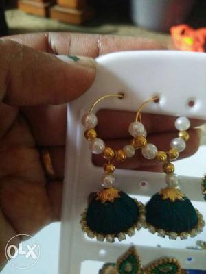 Pair Of Gold-and-green Jhumkas