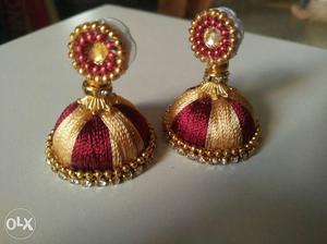 Pair Of Gold-and-maroon Jhumkas
