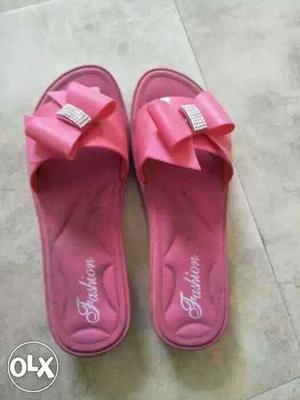 Pair Of Pink-and-white Slide Sandals
