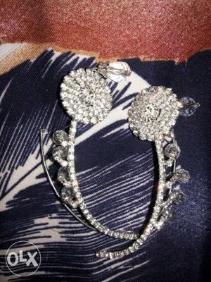 Pair Of Silver-colored With Diamond Clustered Cuff Earrings