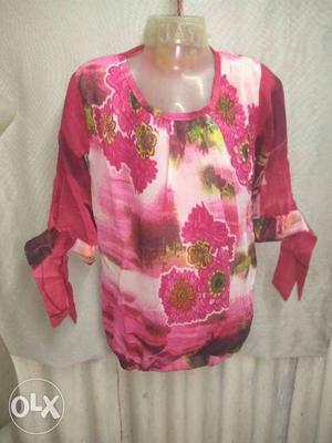Pink And White Floral Scoop-neck Shirt