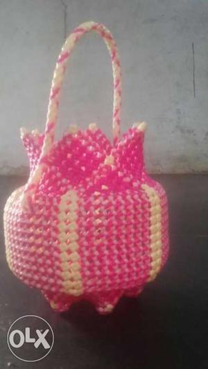 Pink And White Knitted Basket