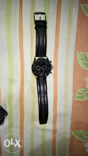 Round Black Bezel Chronograph Watch With Black Leather Strap