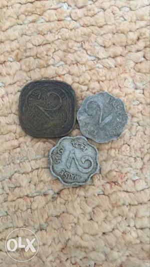 Three 2 Indian Paise Coins