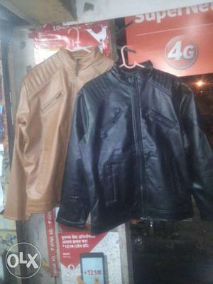 Two Black And Brown Leather Zip-up Jackets