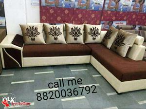 Brown And White Sectional Couch With Pillows