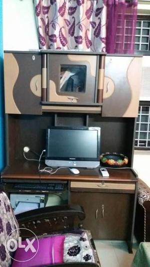 Brown Wooden Computer Desk With Hutch