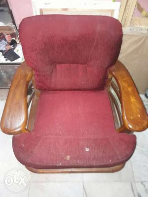 Brown Wooden Framed Red Fabric Armchair