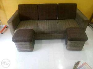 Brown-and-grey 3-piece Sofa Set & 2puffy