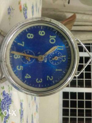 Round Stainless Steel And Blue Chronograph Desk Clock