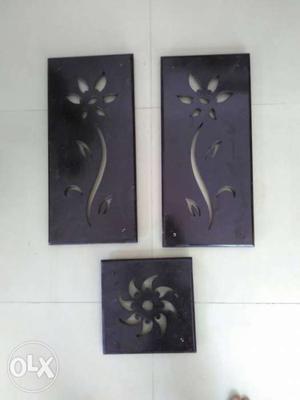Three Black wooden CNC cutting Flower Decors