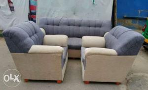 Three Tufted Gray-and-brown Fabric Sofa Set