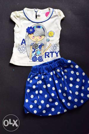 White And Blue Printed Shirt And Blue Polka-dot Skirt Set