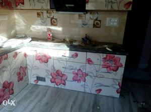 White And Red Floral Kitchen Counter