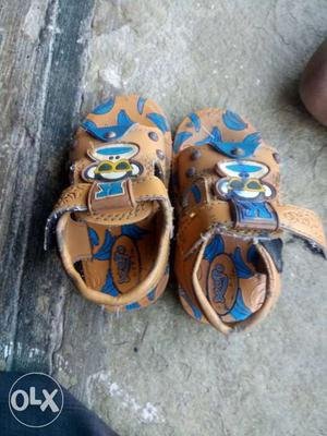 Baby's Pair Of Brown-and-blue Leather Strap Sandals