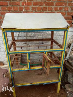 Blue And Yellow Wooden Bird Cage