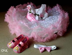 Pink White frock for 3-6 months with matching shoes and