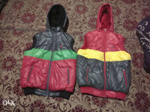 Two Red, Grey, Green, And Yellow Leather Zip-up Hoodie Vests