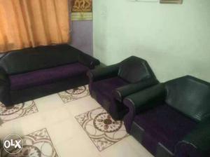 Black-and-purple Leather 3-piece Sofa Set