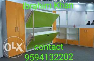 Brown, White And Green Folding Bed And Cabinets